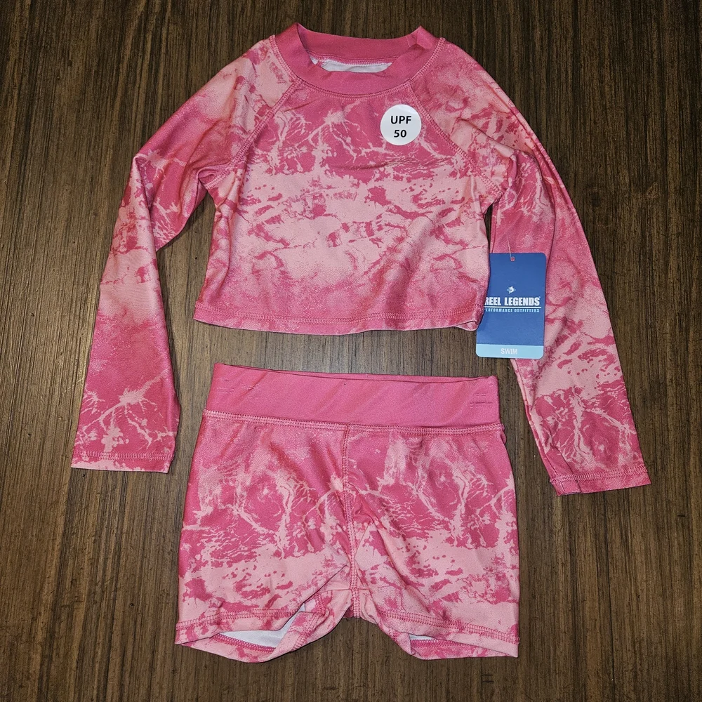 Reel Legends Kids Tie-Dye Pink Rashguard Set Size XS 4-5